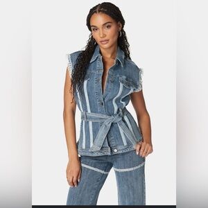 bebe Denim Button-Down Top with Lace Trim